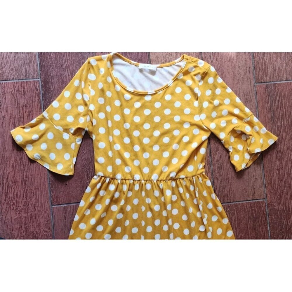 Mustard Yellow Polka Dot Retro Rockabilly Waist Midi Dress Ruffle Fit Flare Soft - Picture 6 of 9